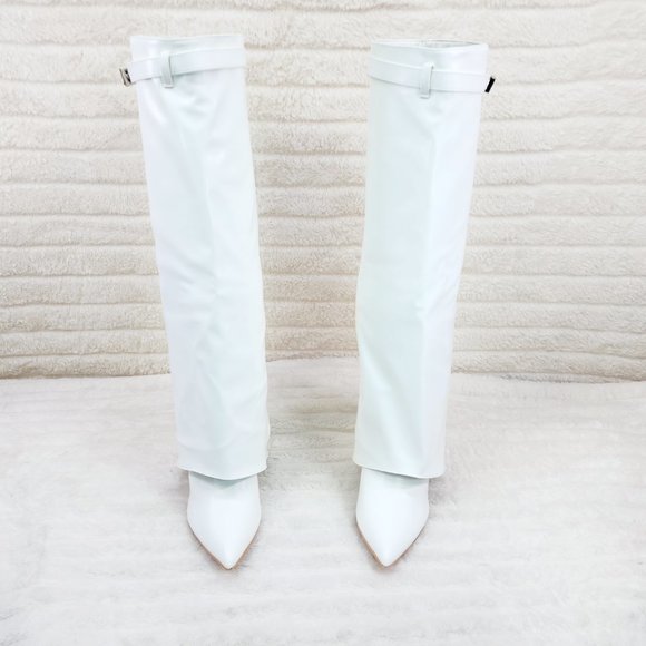 Paris White Skirted Fold Over 3.5" Block Heel Knee High Boots - Picture 6 of 9